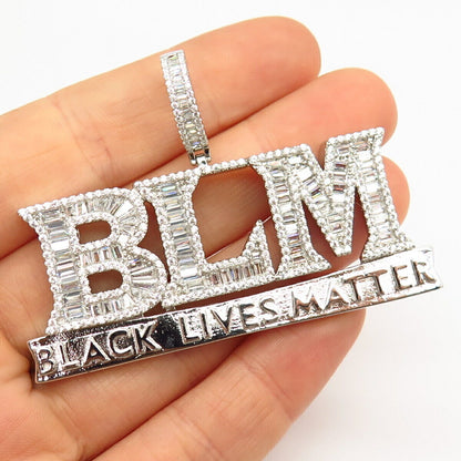 925 Sterling Silver Pave C Z "Black Lives Matter" / "BLM" Large Pendant