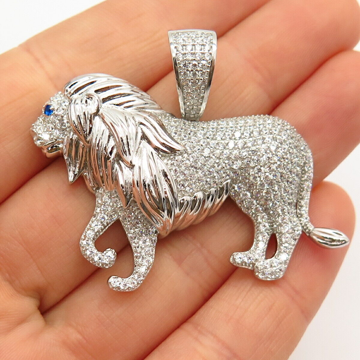 925 Sterling Silver White & Blue C Z Lion King Large Pendant