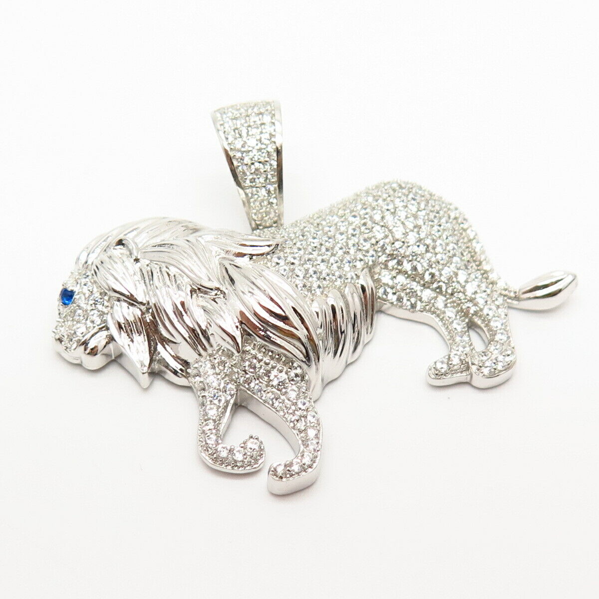 925 Sterling Silver White & Blue C Z Lion King Large Pendant