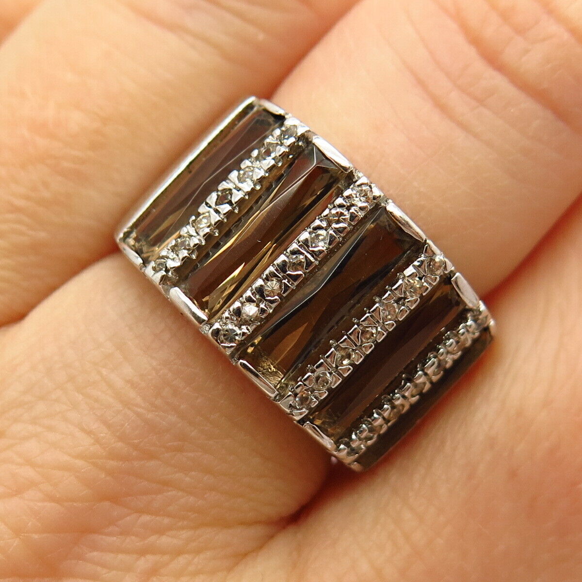 925 Sterling Silver White & Smoky-Tone C Z Wide Ring Size 7