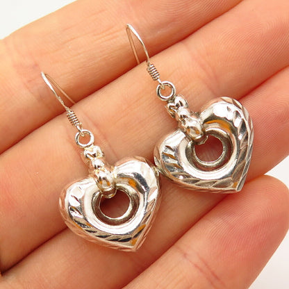 925 Sterling Silver Textured Puffy Heart Dangling Earrings