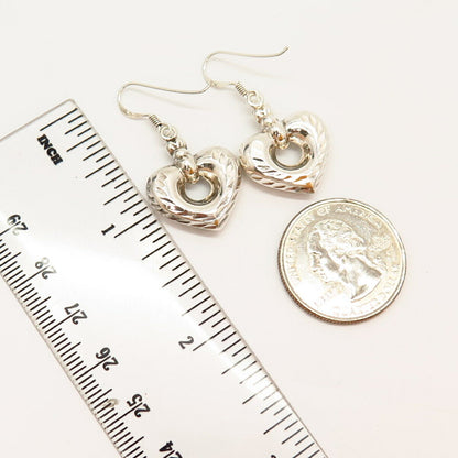 925 Sterling Silver Textured Puffy Heart Dangling Earrings