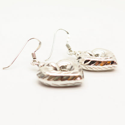 925 Sterling Silver Textured Puffy Heart Dangling Earrings