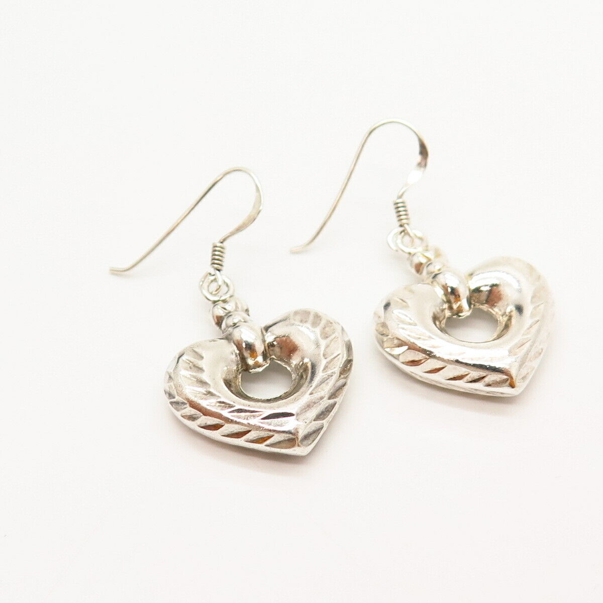 925 Sterling Silver Textured Puffy Heart Dangling Earrings