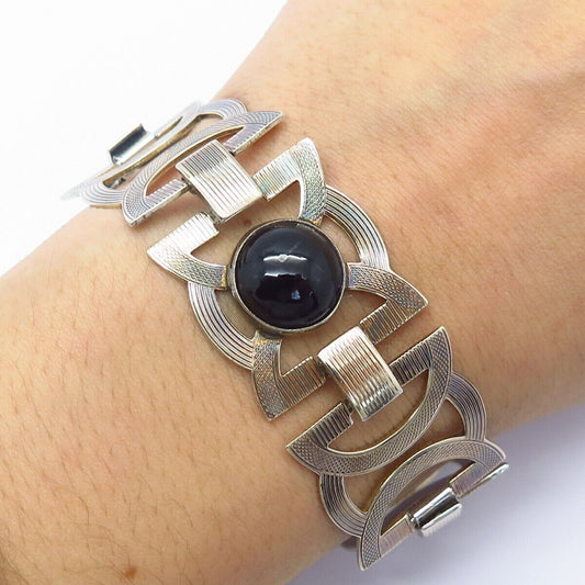 925 Sterling / 12K Antique Art-Deco Symmetalic Black Onyx Gem Link Bracelet 6"