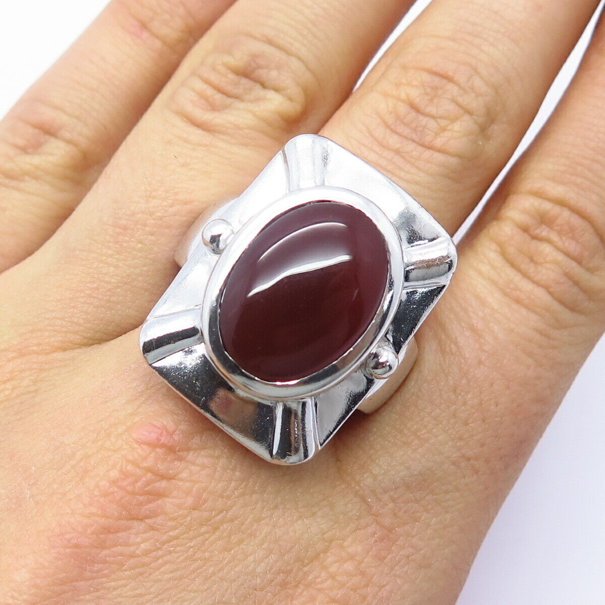 925 Sterling Silver Real Carnelian Gemstone Wide Ring Size 10