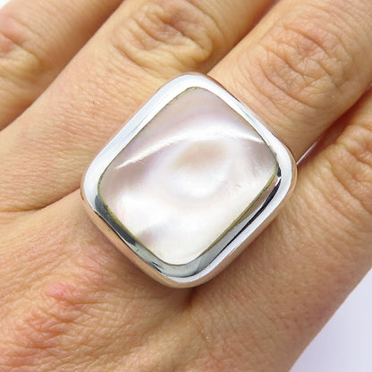 925 Sterling Silver Real Pink Mother-of-Pearl Wide Ring Size 7