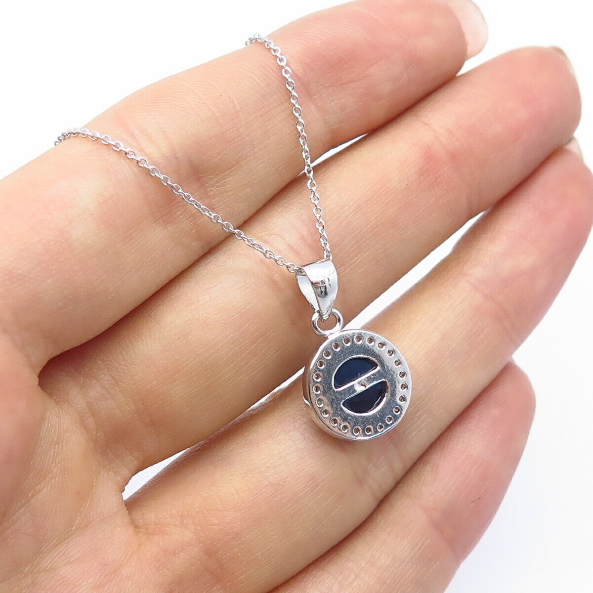 925 Sterling Silver White & Blue C Z Pendant Chain Necklace 16"