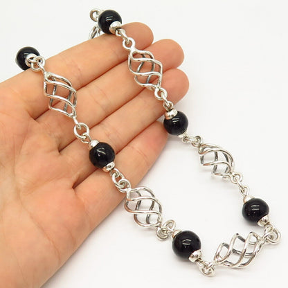 925 Sterling Silver Vintage Mexico Black Onyx Gem Ball Spiral Chain Necklace 24"