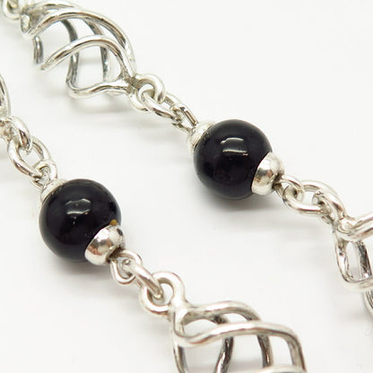 925 Sterling Silver Vintage Mexico Black Onyx Gem Ball Spiral Chain Necklace 24"