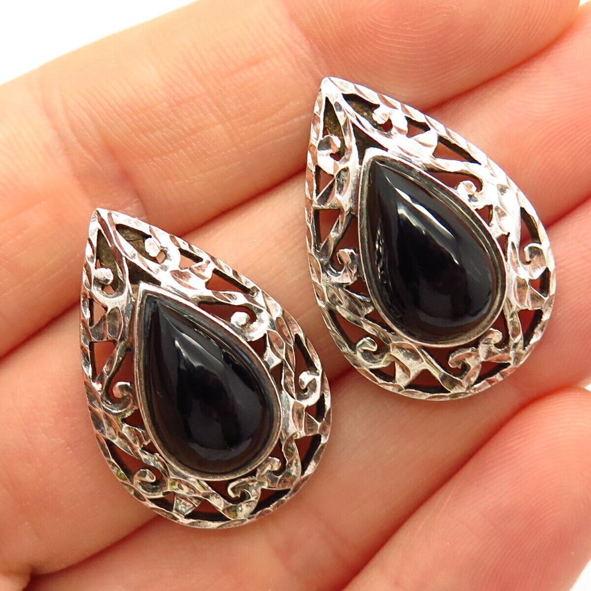 925 Sterling Silver Real Black Onyx Gemstone Ornate Teardrop Earrings