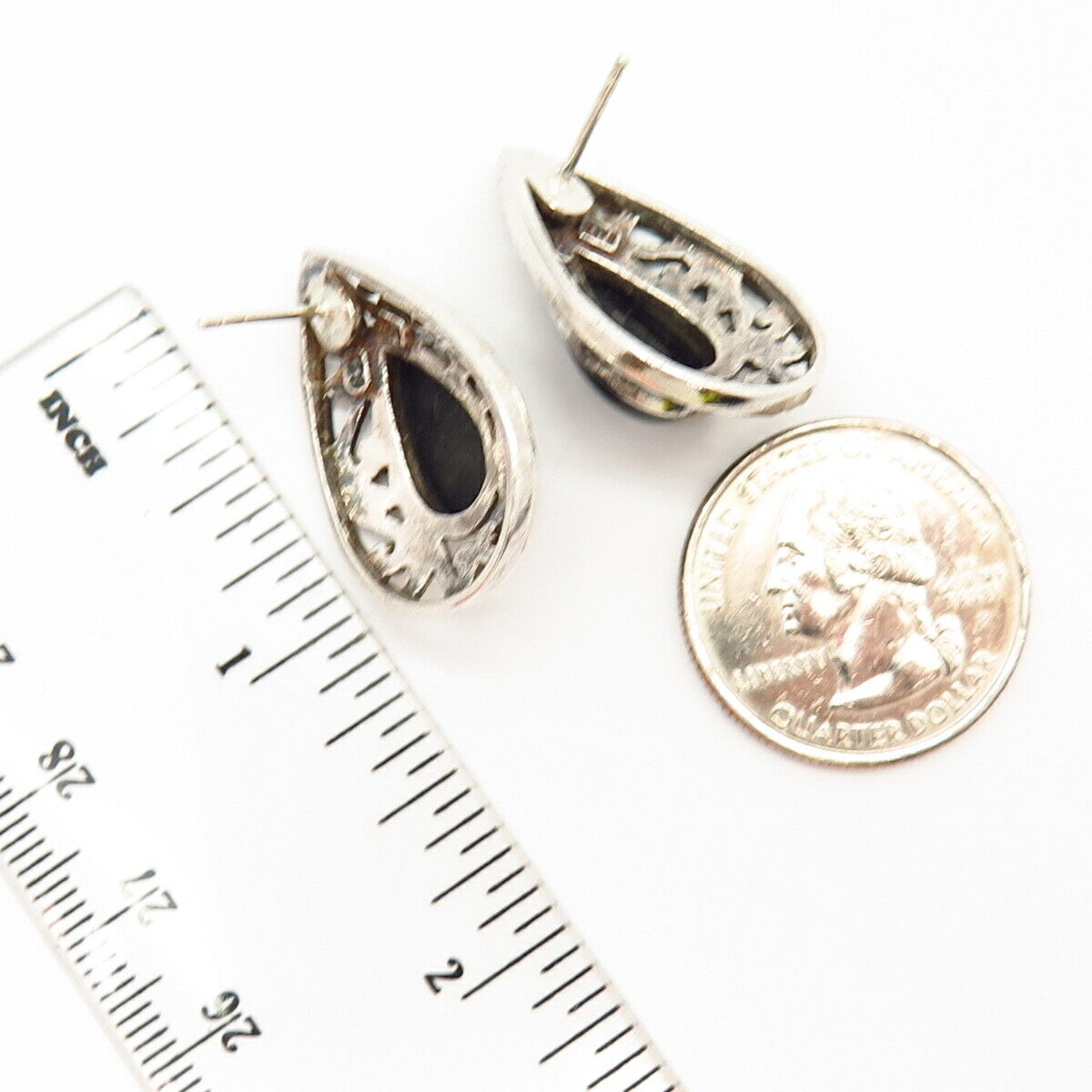 925 Sterling Silver Real Black Onyx Gemstone Ornate Teardrop Earrings