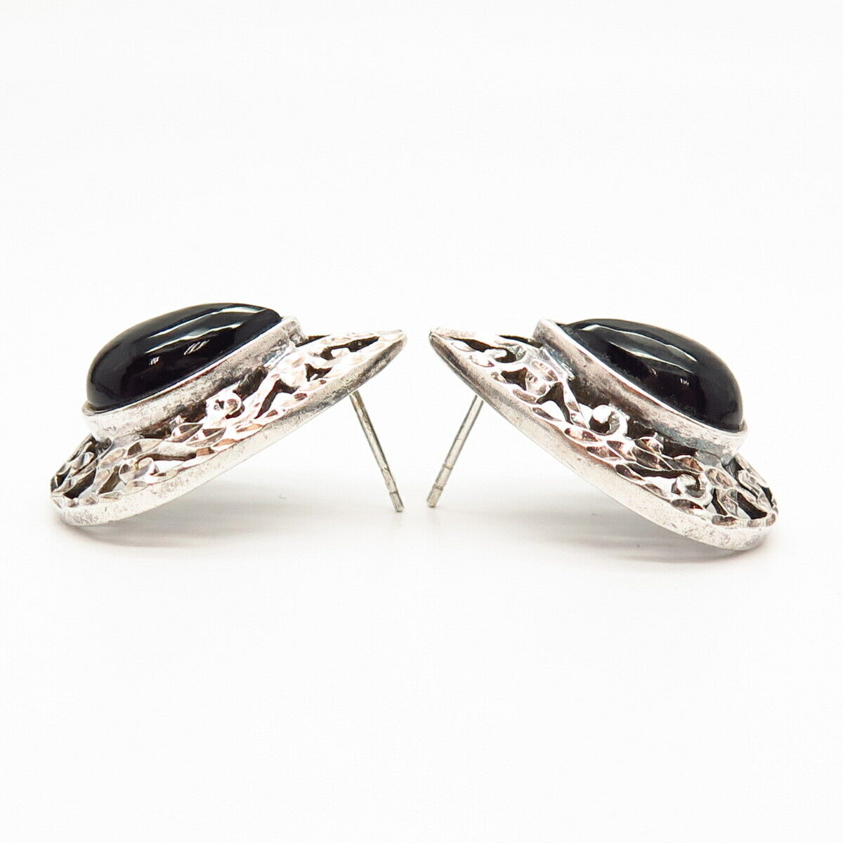 925 Sterling Silver Real Black Onyx Gemstone Ornate Teardrop Earrings