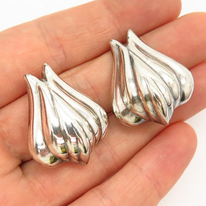 925 Sterling Silver Vintage Italy Ribbed Design Hollow Clip On Earrings