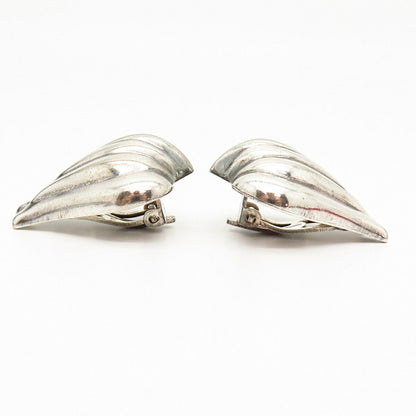 925 Sterling Silver Vintage Italy Ribbed Design Hollow Clip On Earrings