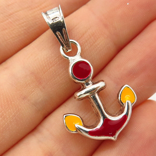 925 Sterling Silver Red & Orange Enamel Anchor Design Pendant