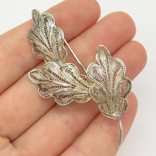 800 Silver 2-Tone Vintage Filigree Leaves Design Pin Brooch