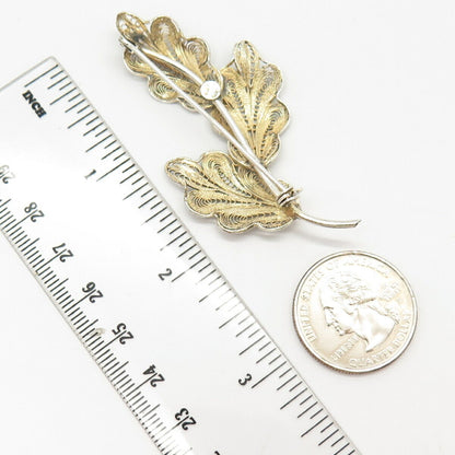 800 Silver 2-Tone Vintage Filigree Leaves Design Pin Brooch