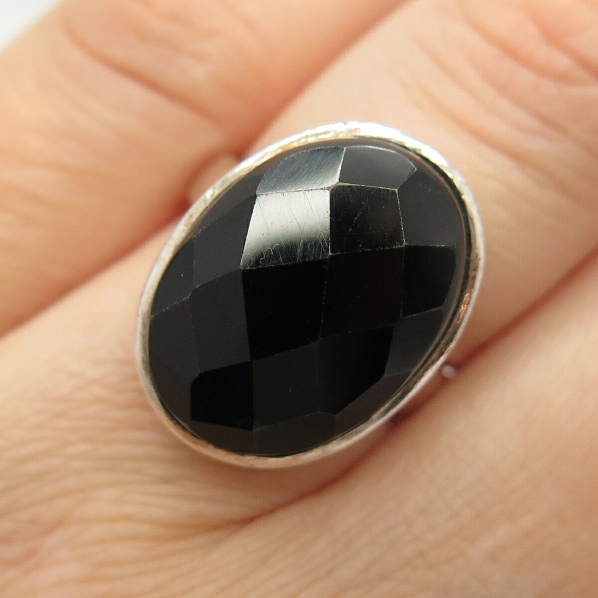 925 Sterling Silver Real Checkered Black Onyx Gem Oval Ring Size 6