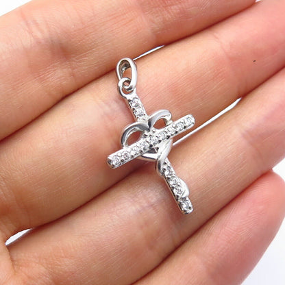 925 Sterling Silver C Z Heart Cross Pendant