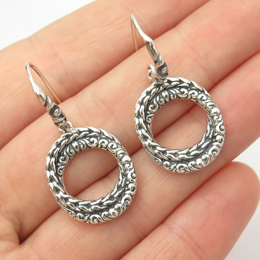 925 Sterling Silver Carved Swirl Dangling Hoop Earrings