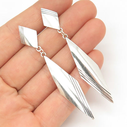 925 Sterling Silver Rhombus Design Elongated Dangling Earrings