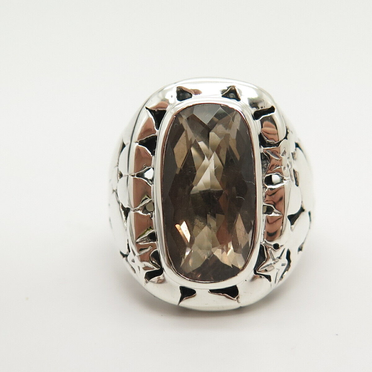 925 Sterling Silver Real Smoky Quartz  Wide Ring Size 9