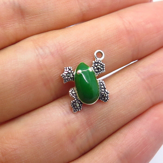 925 Sterling Silver Real Marcasite Gem & Green Enamel Frog For Good Luck Pendant