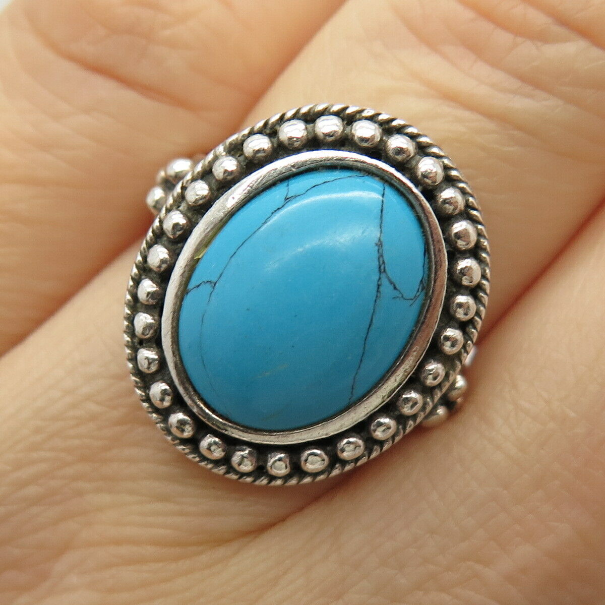 925 Sterling Silver Faux Turquoise Bead Design Oval Ring Size 6