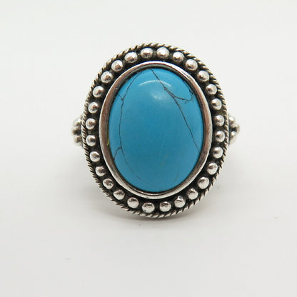 925 Sterling Silver Faux Turquoise Bead Design Oval Ring Size 6