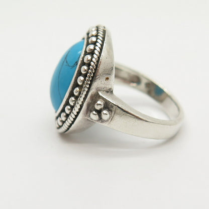 925 Sterling Silver Faux Turquoise Bead Design Oval Ring Size 6