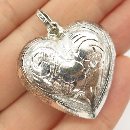 925 Sterling Silver Vintage Etched Hollow Heart Design Pendant