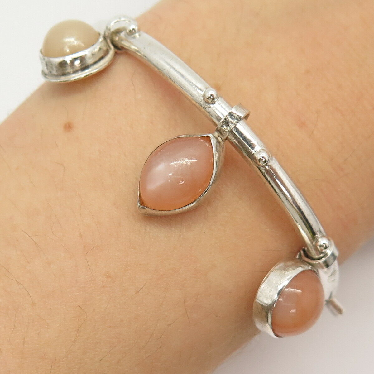 925 Sterling Silver Real Peach Quartz Hinged Bangle Bracelet 7"