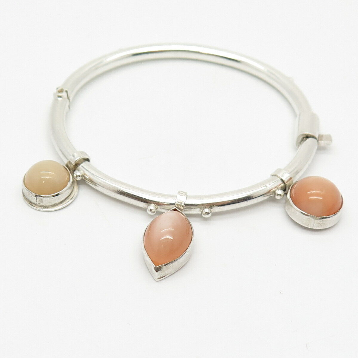 925 Sterling Silver Real Peach Quartz Hinged Bangle Bracelet 7"