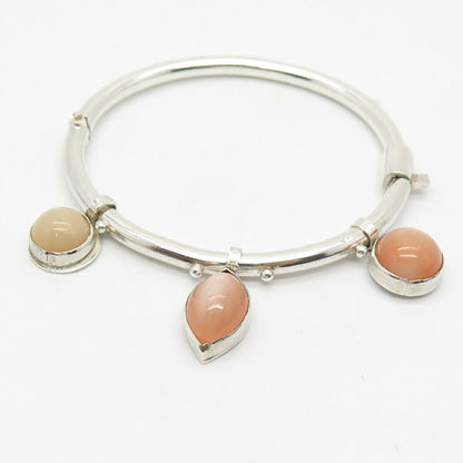 925 Sterling Silver Real Peach Quartz Hinged Bangle Bracelet 7"