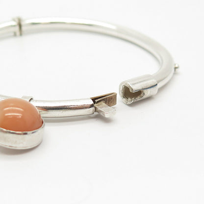 925 Sterling Silver Real Peach Quartz Hinged Bangle Bracelet 7"