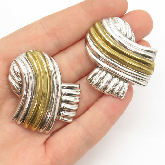 925 Sterling Silver 2-Tone Vintage Mexico Folded Ribbed Ribbon Clip On Earrings