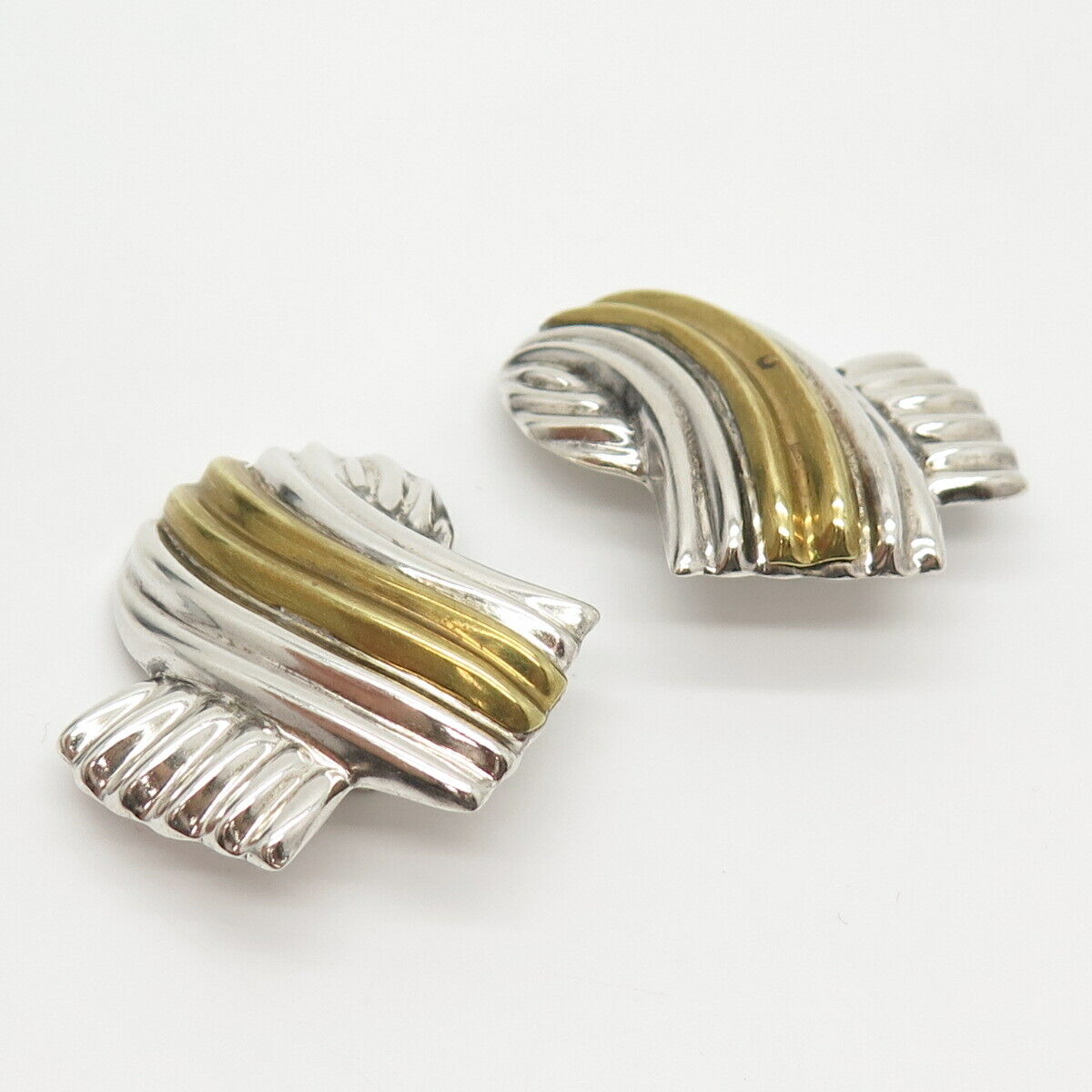 925 Sterling Silver 2-Tone Vintage Mexico Folded Ribbed Ribbon Clip On Earrings