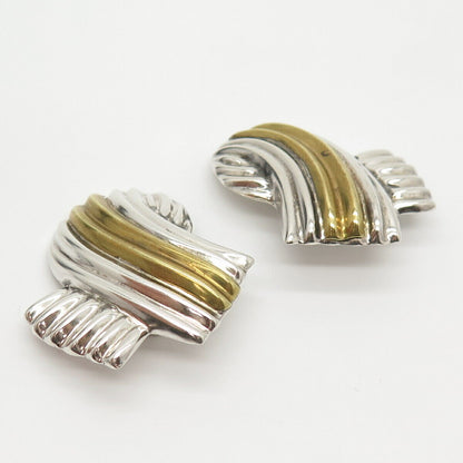 925 Sterling Silver 2-Tone Vintage Mexico Folded Ribbed Ribbon Clip On Earrings