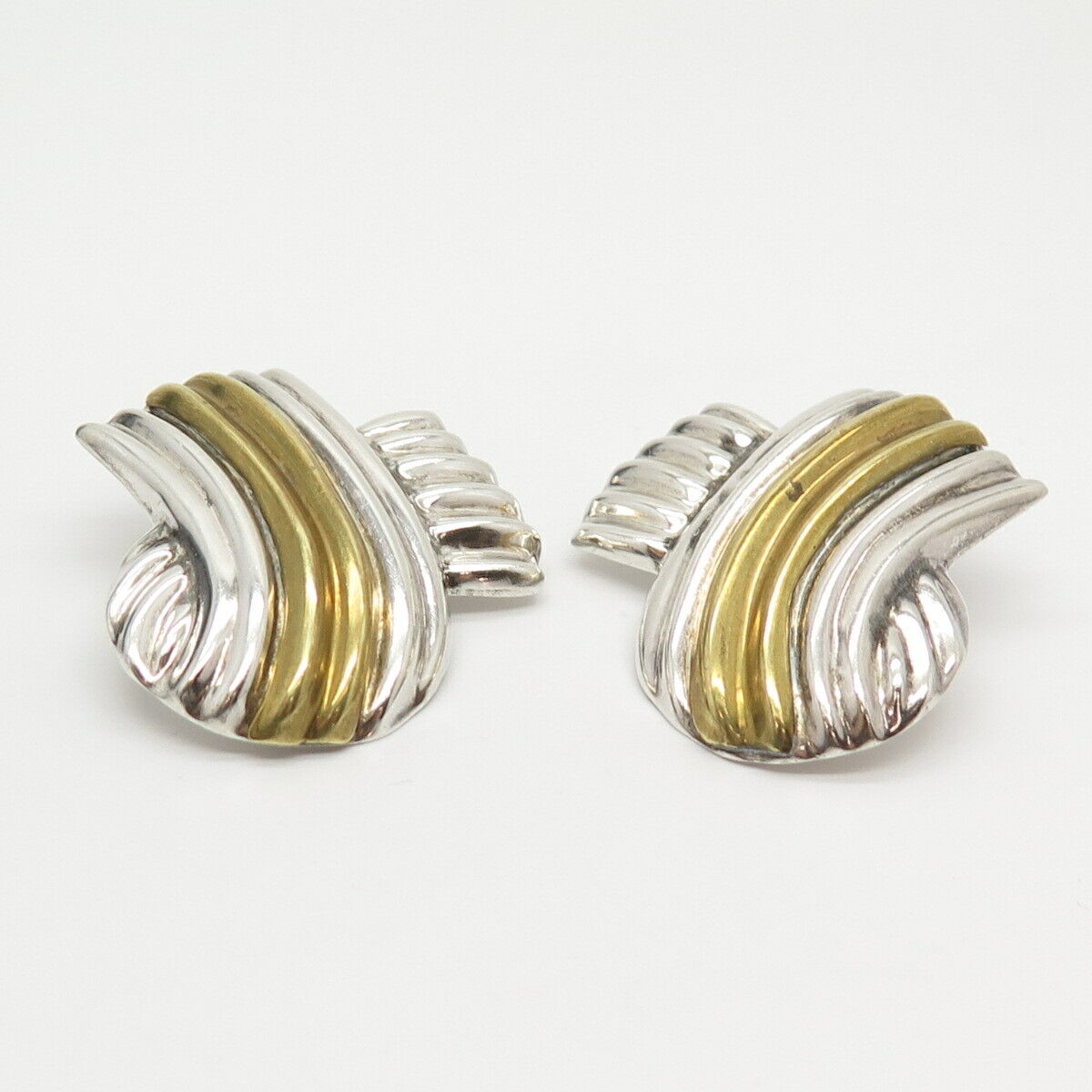 925 Sterling Silver 2-Tone Vintage Mexico Folded Ribbed Ribbon Clip On Earrings