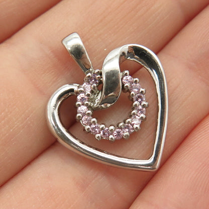 925 Sterling Silver Pink C Z Circle & Open Heart Pendant