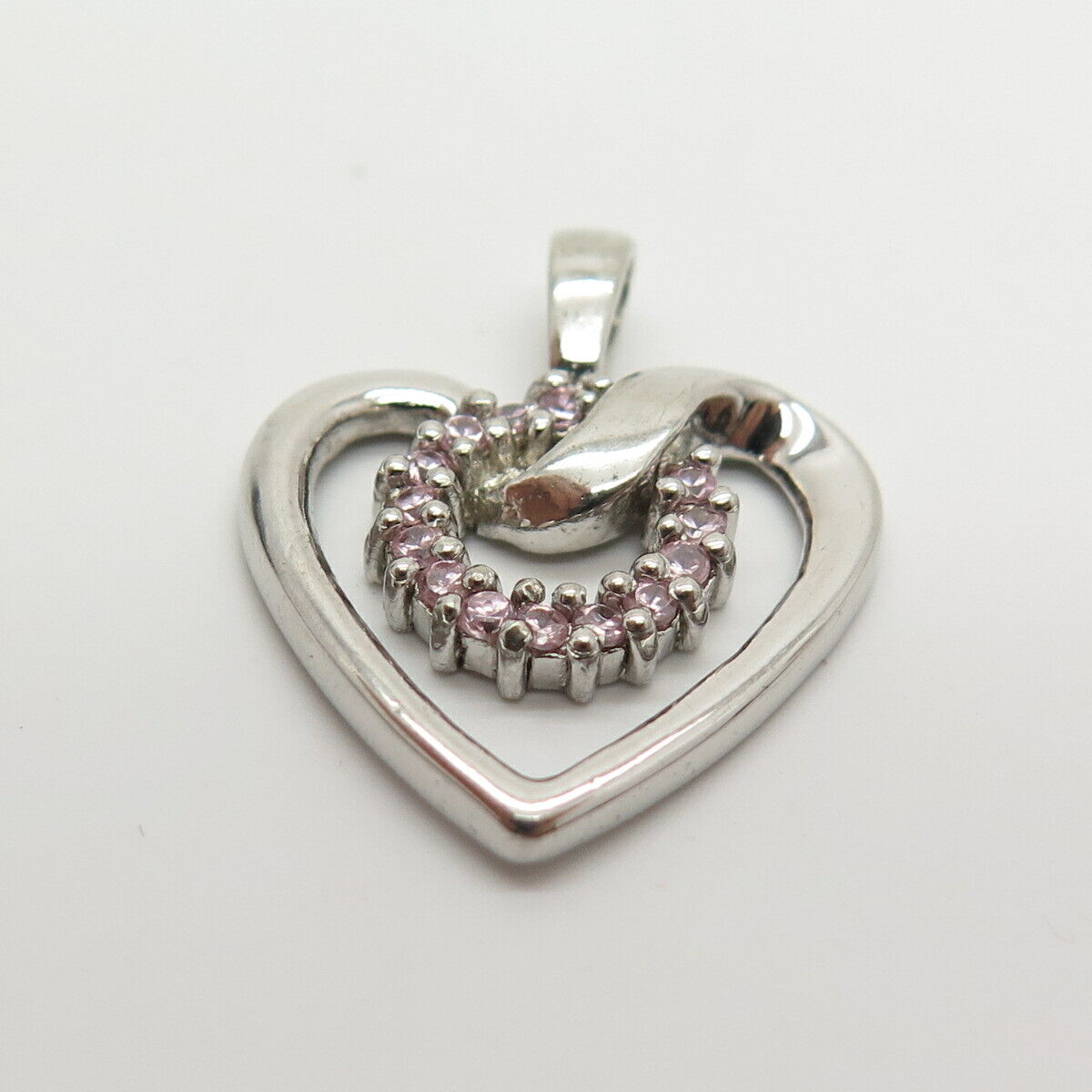 925 Sterling Silver Pink C Z Circle & Open Heart Pendant