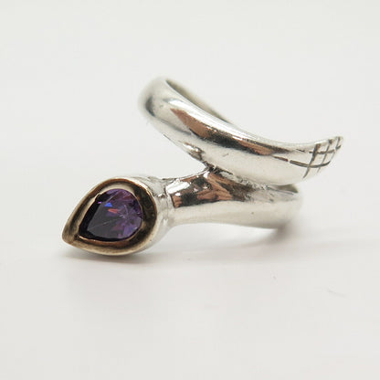 925 Sterling Silver 2-Tone Amethyst-Tone C Z Bypass Ring Size 5 3/4