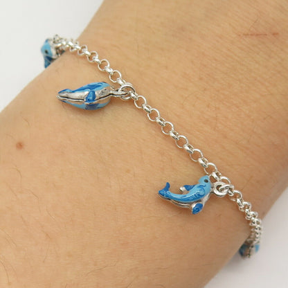 925 Sterling Italy Blue Enamel Friendly Dolphins Charm Rolo Link Bracelet 6.5"