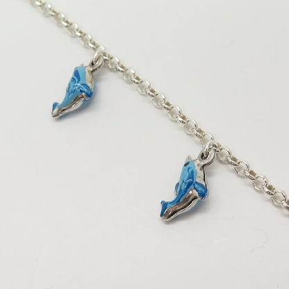 925 Sterling Italy Blue Enamel Friendly Dolphins Charm Rolo Link Bracelet 6.5"