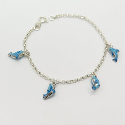 925 Sterling Italy Blue Enamel Friendly Dolphins Charm Rolo Link Bracelet 6.5"