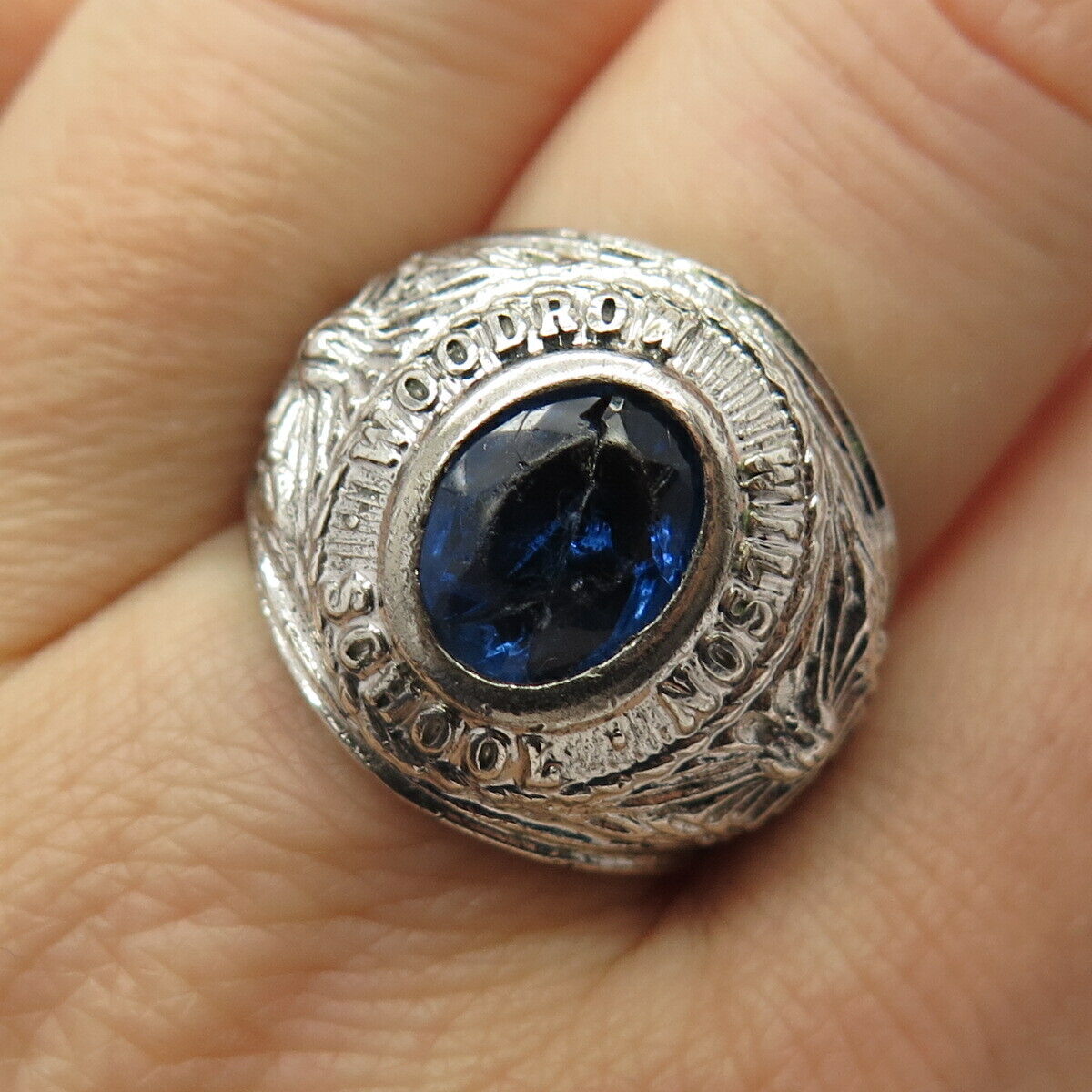 925 Sterling Vintage 1969 Blue Glass Woodrow Wilson School Ring Size 8