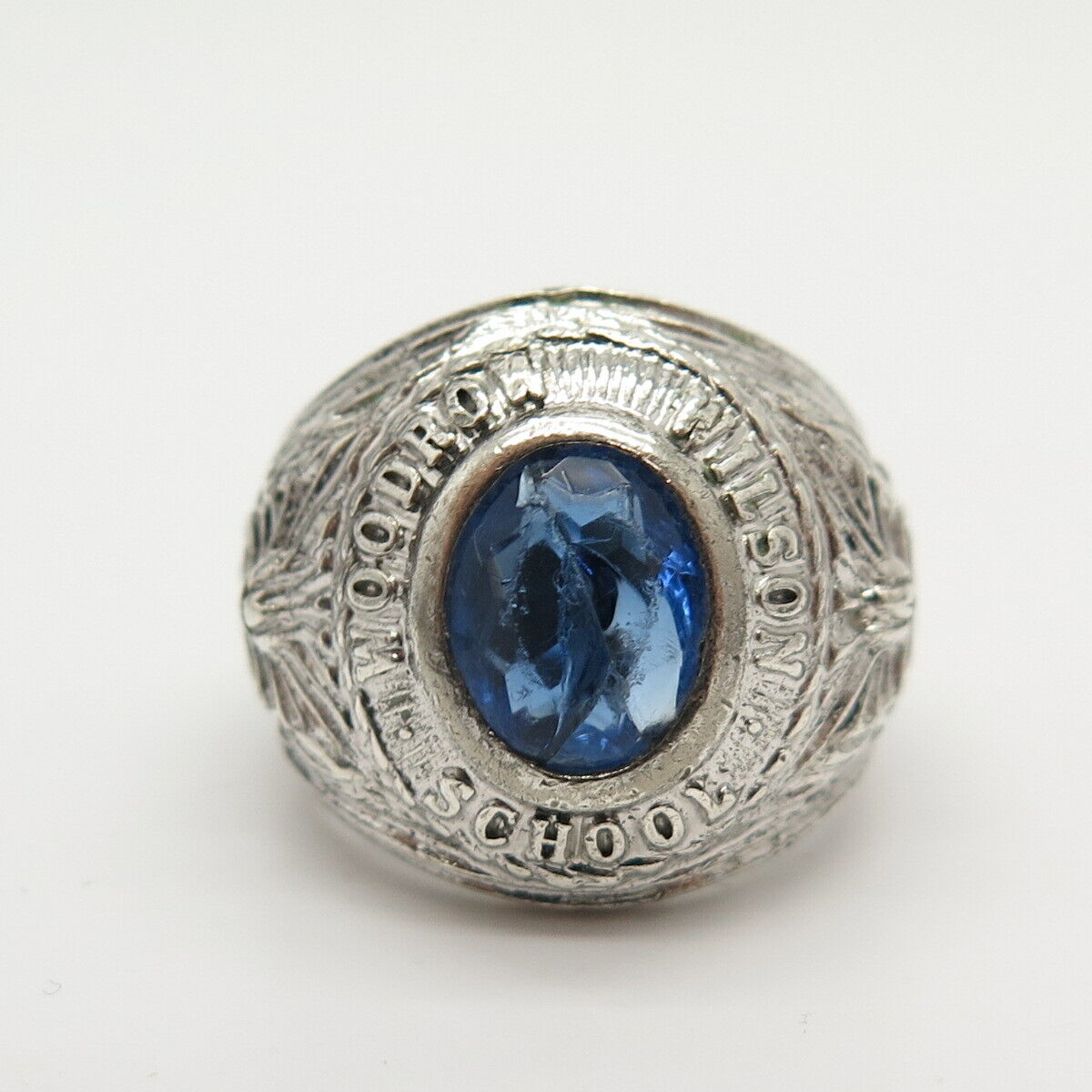 925 Sterling Vintage 1969 Blue Glass Woodrow Wilson School Ring Size 8