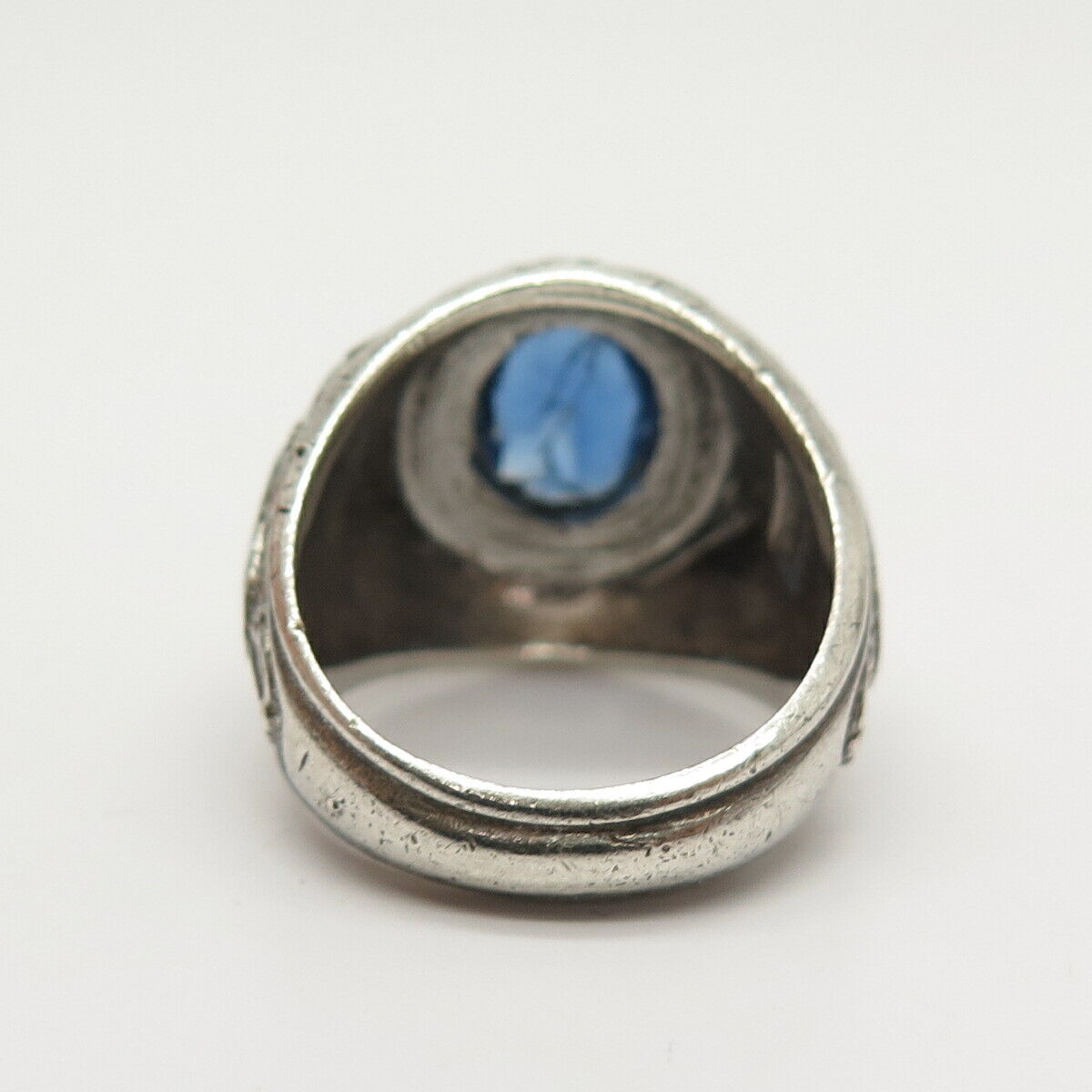 925 Sterling Vintage 1969 Blue Glass Woodrow Wilson School Ring Size 8