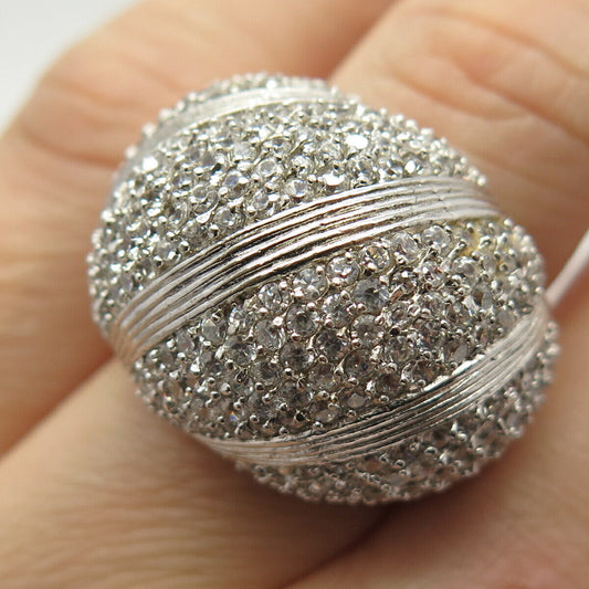 925 Sterling Silver Pave C Z Stripped Domed Ring Size 6